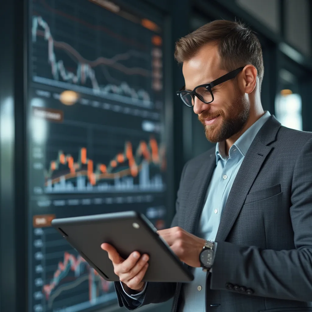 Empresario revisando gráficos de crecimiento
